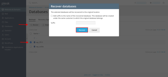 Acronis Plesk Recover Database