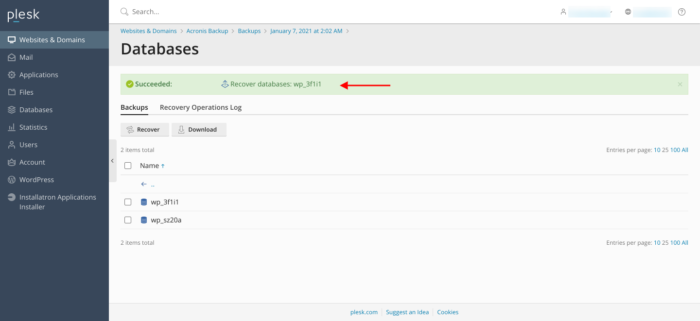 Acronis Plesk Recovered Database Acronis Plesk Recovered Database