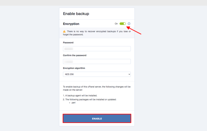 WHM Acronis encryption