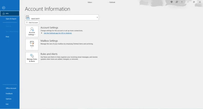 account information window for office microsoft 365