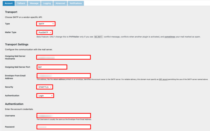 smtp settings